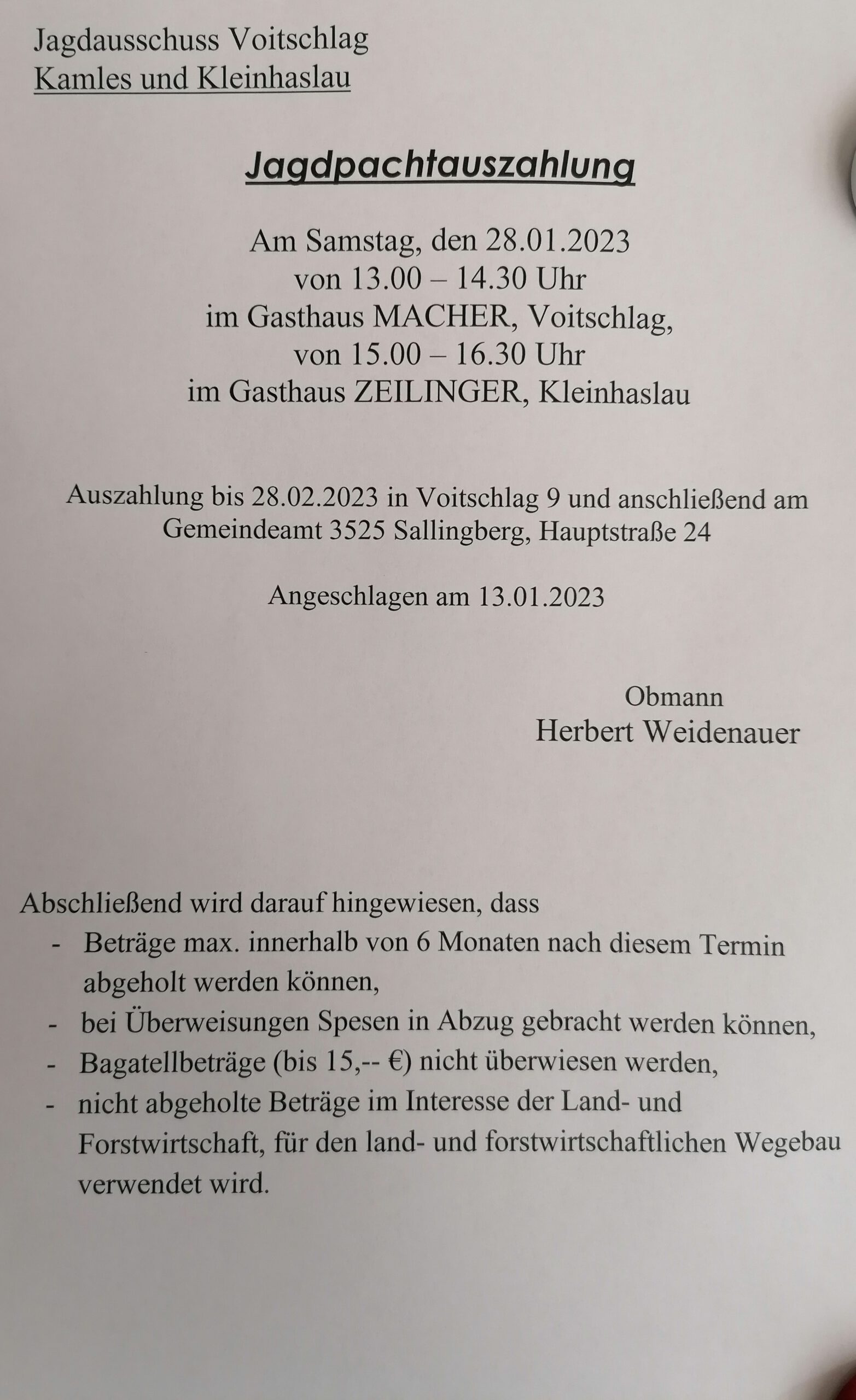 Jagdpacht 2023 - KG Voitschlag, Kleinhaslau und Kamles