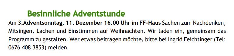 Besinnliche Adventstunde im FF Haus Grainbrunn
