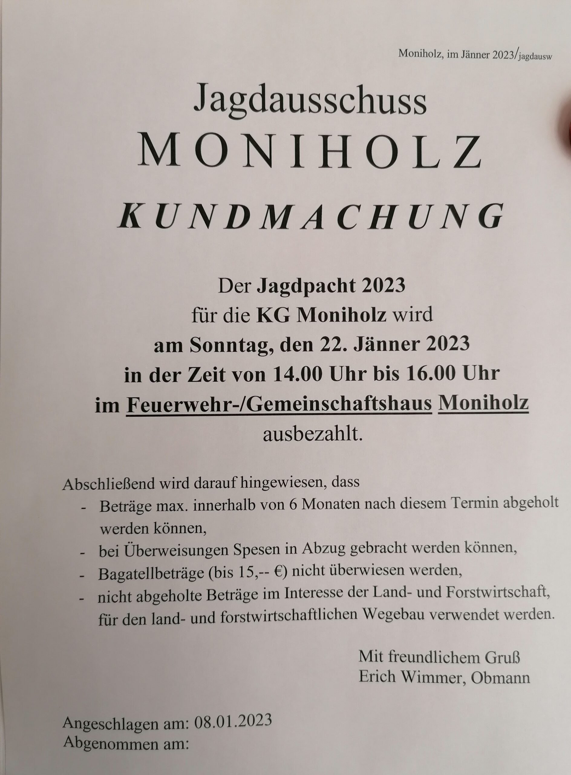 Jagdpacht 2023 - KG Moniholz