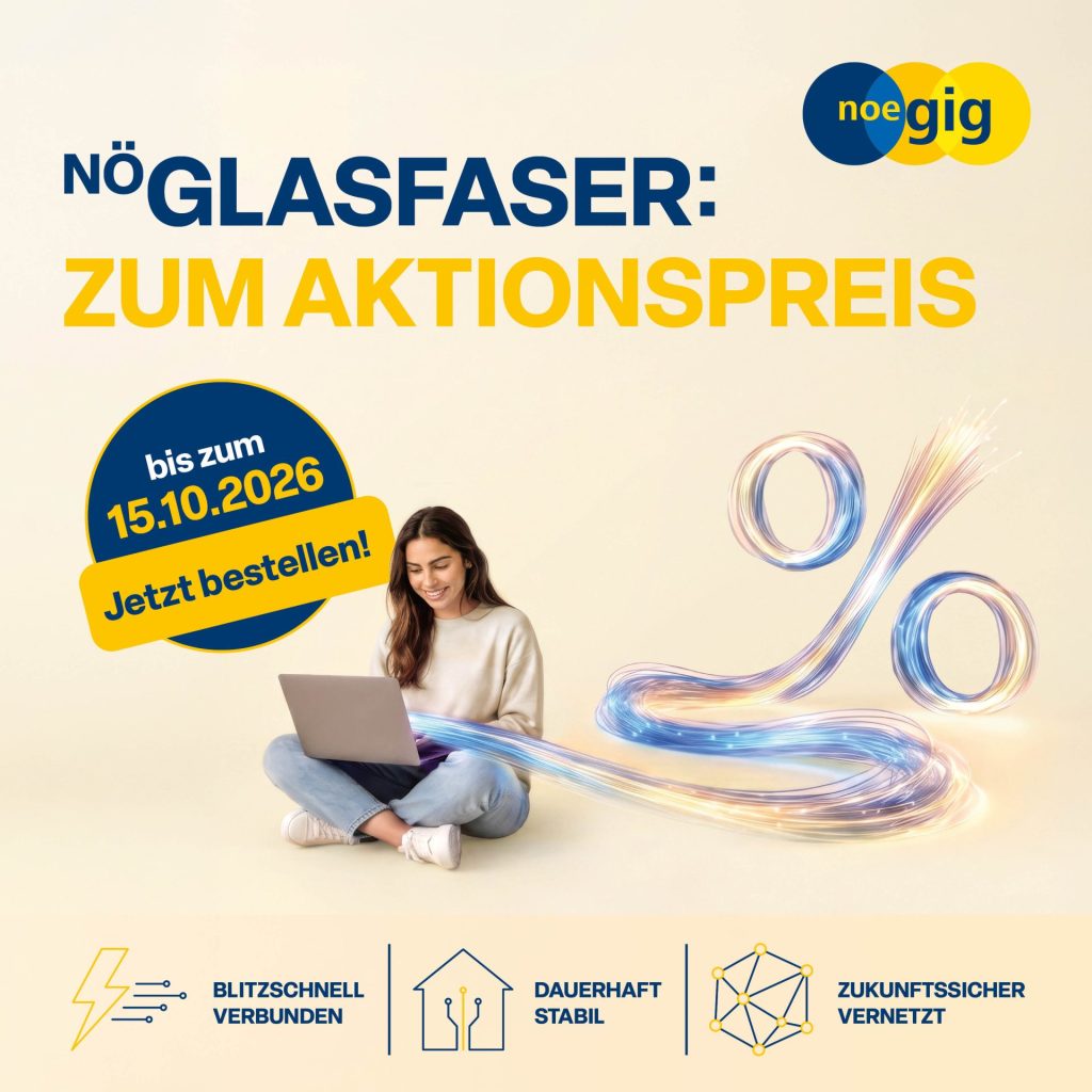 NÖ Glasfaser Aktion bis 15.10.2026: Frau mit Laptop, Prozentzeichen.